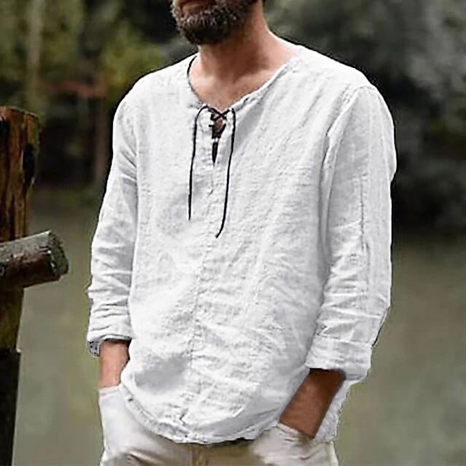 thumbnail image 3 of Camisetas de manga larga con cuello en V para hombre: mezcla de algodón, diseño elegante con costuras, fáciles de combinar con pantalones cortos/vaqueros, ideales para uso informal/diario, tallas S, 3 of 5